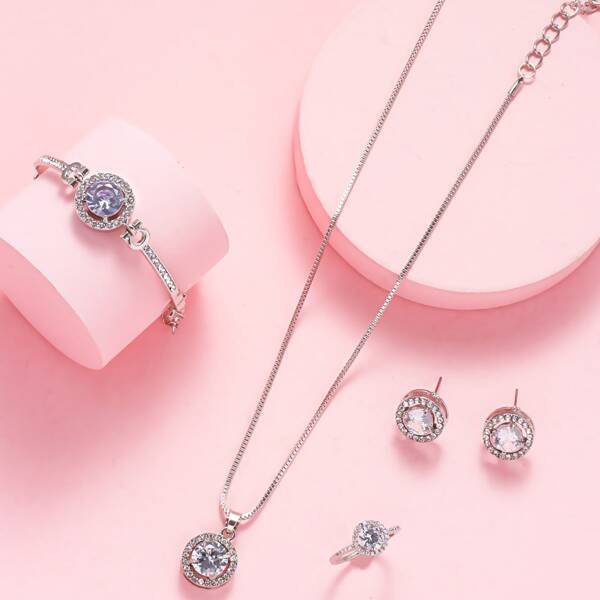 5pcs Zircon Decor Jewelry Set, Silver