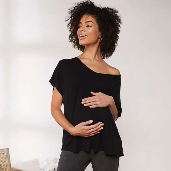 Maternity Batwing Sleeve Solid Tee, Black