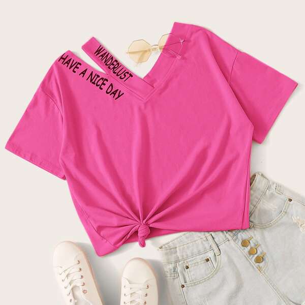 Asymmetrical Neck Slogan Graphic Tee, Pink