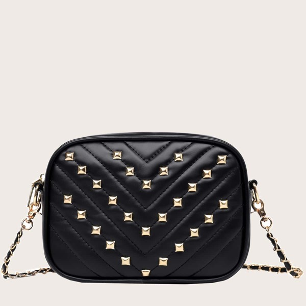 Studded Decor Chevron Crossbody Bag, Black