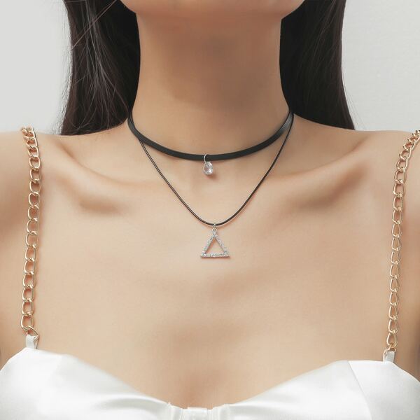 Rhinestone Geo Charm Necklace, Black