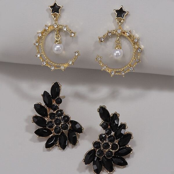 2pairs Faux Pearl & Rhinestone Decor Earrings, Black