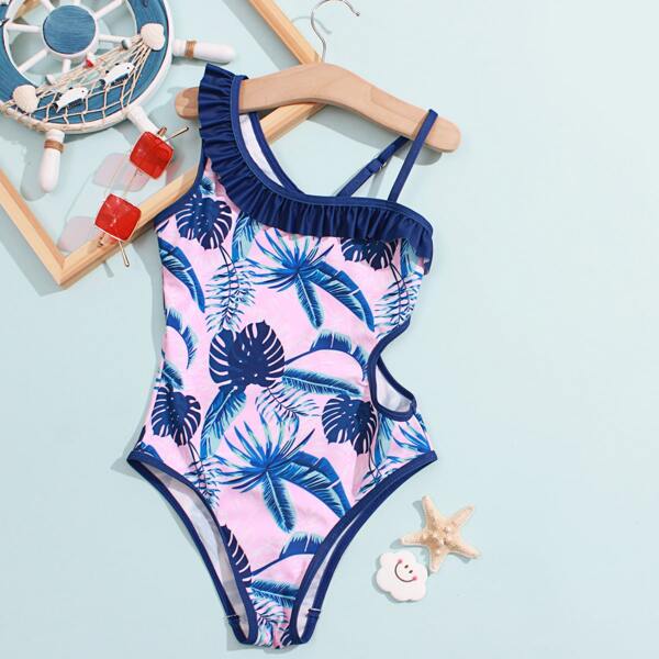 Girls Tropical Ruffle One Piece Swimsuit, Multicolor