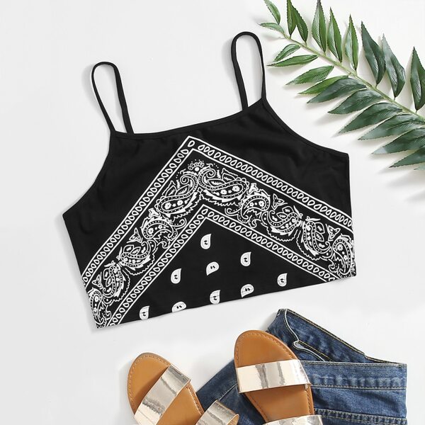Plus Paisley Print Crop Cami Top, Black