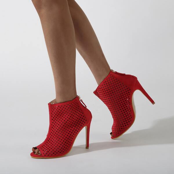 Peep Toe Hollow Out Stiletto Ankle Boots, Red