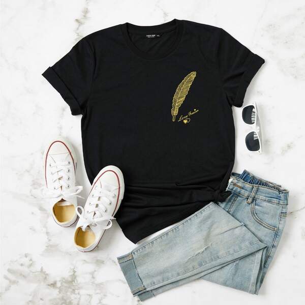 Plus Feather & Letter Graphic Tee, Black