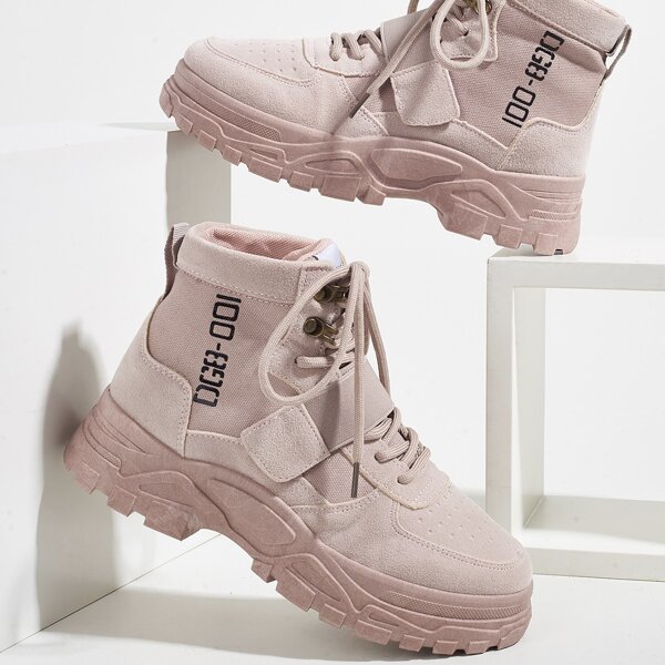 Letter Graphic Lace-up Front Combat Boots, Pink