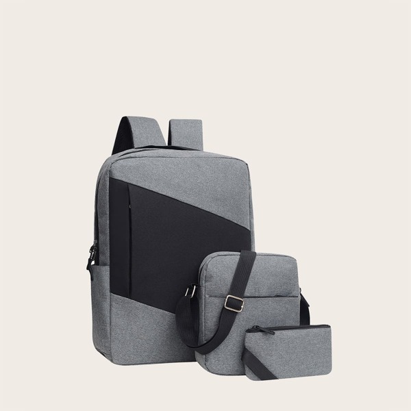 3pcs Men Two Tone Large Capacity Backpack Set, Grey