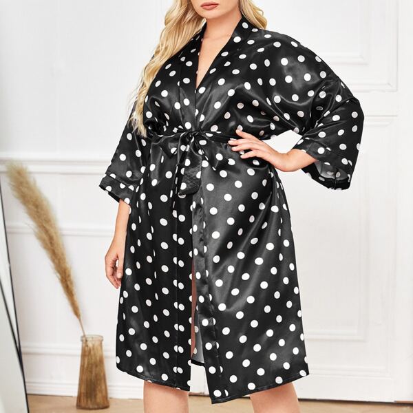 Plus Polka Dot Satin Belted Robe, Black