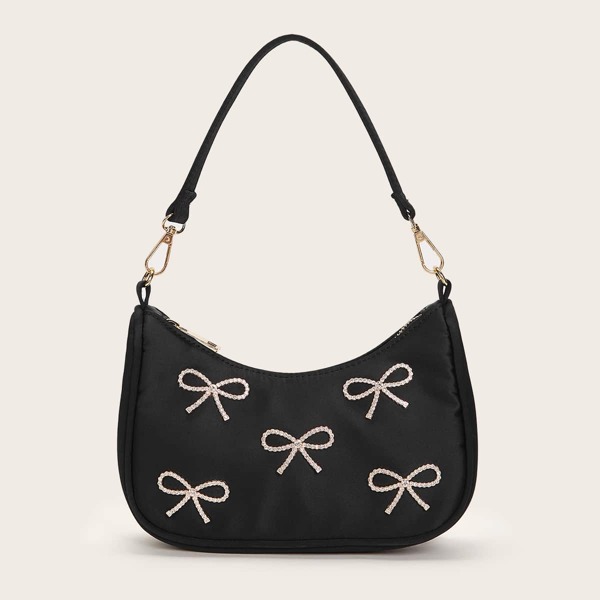 Rhinestone Bow Decor Baguette Bag, Black