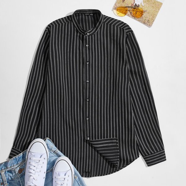 Men Stand Collar Striped Shirt, Black