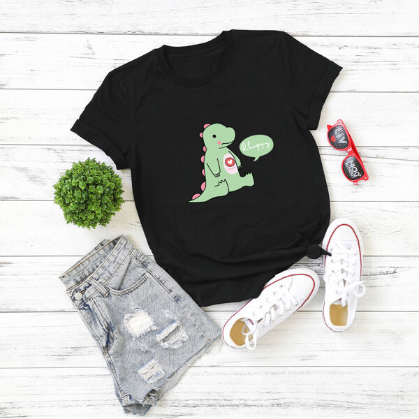 Plus Dinosaur & Slogan Graphic Tee, Black