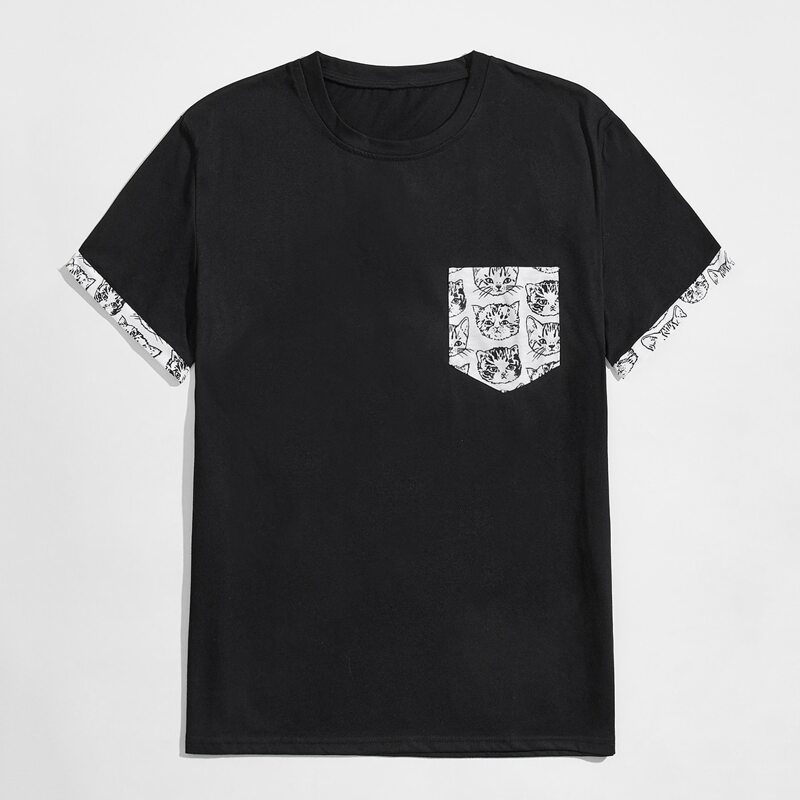 Guys Pocket Front Cat Print Tee, Black 
Guys Pocket Front Cat Print Tee, Black