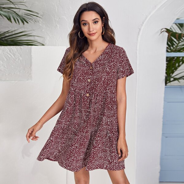 Button Front Dalmatian Dress, Maroon