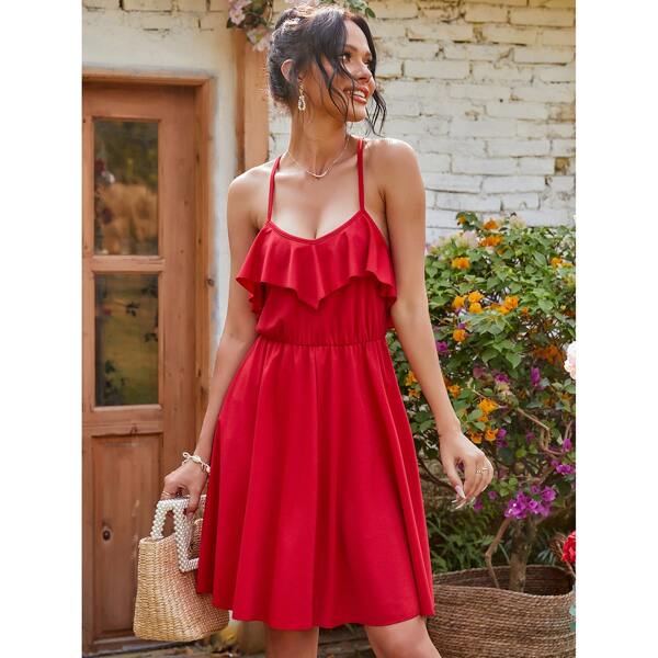 Ruffle Trim Crisscross Back Cami Dress, Red