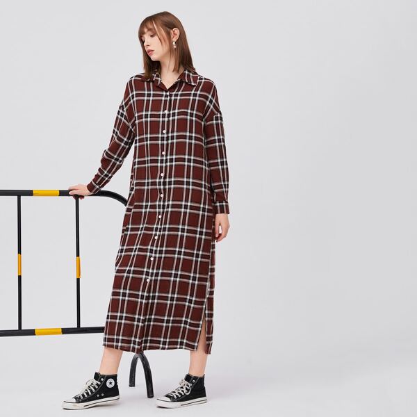 Letter & Number Print Plaid Shirt Dress, Multicolor
