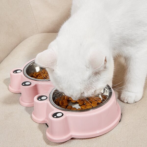 1pc Frog Design Double Pet Bowl, Pink