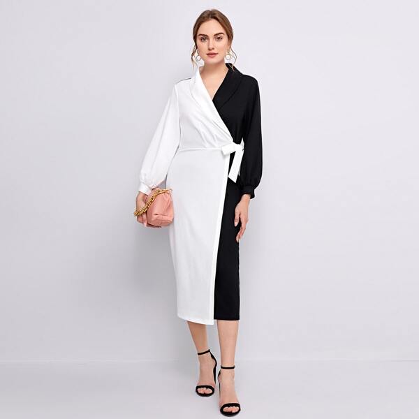 Shawl Collar Two Tone Self Belted Dress, Black and white