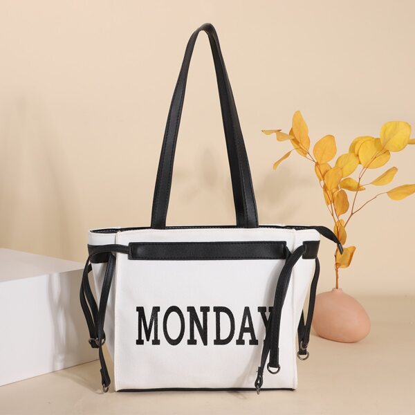 Letter Graphic Shoulder Tote Bag, Black and white