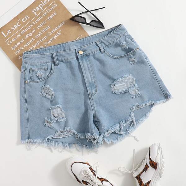 Рваные джинсовые шорты размера плюс, Синий цвет средней стирки
Рваные джинсовые шорты размера плюс, Синий цвет средней стирки