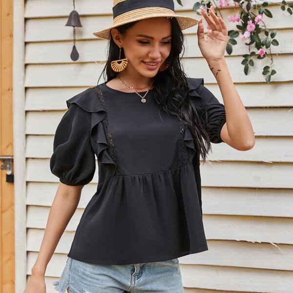 Ruffle Trim Peplum Blouse, Black