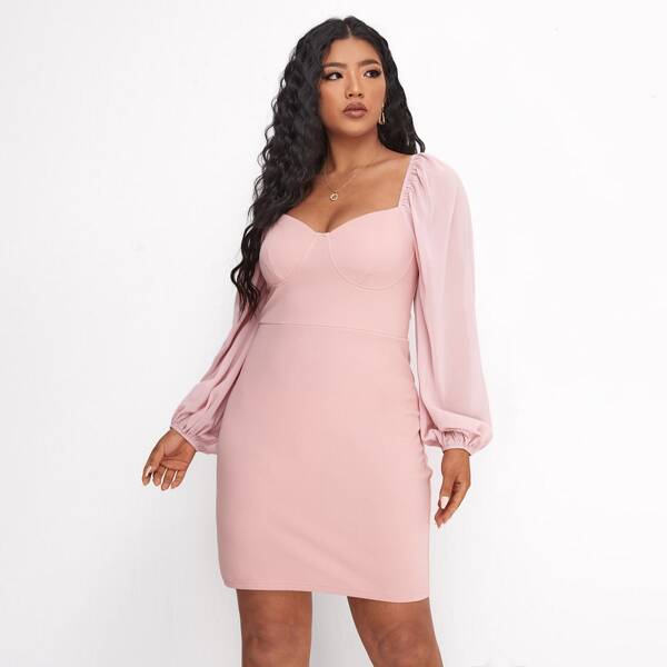 Plus Sweetheart Neck Fitted Dress, Baby pink