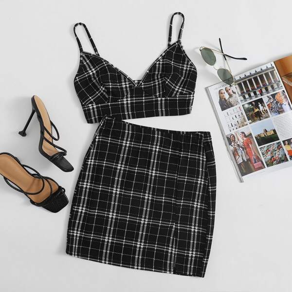 Plus Plaid Crop Cami Top & Skirt Set, Black