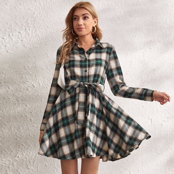 Button Front Belted Plaid Dress, Multicolor