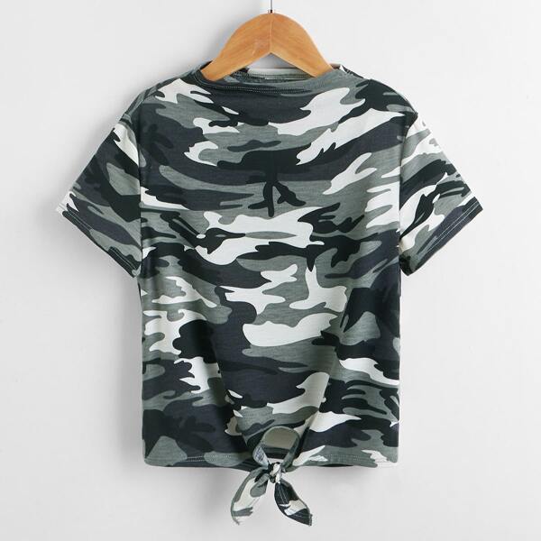 Girls Camo Print Tie Hem Tee, Multicolor