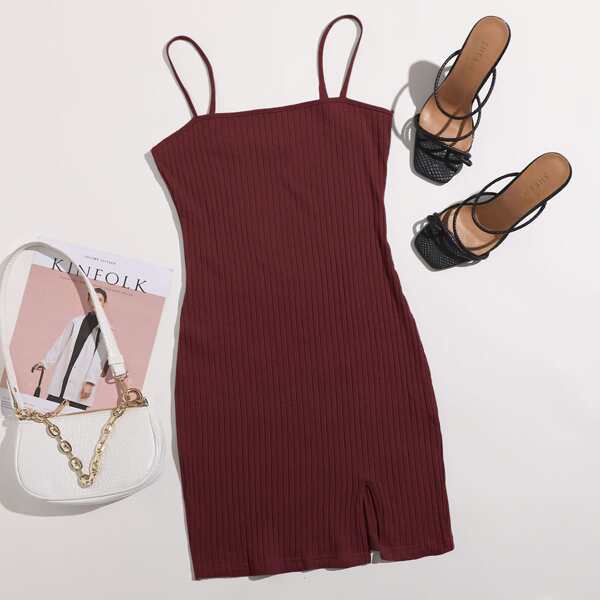 Rib-knit Split Hem Dress, Maroon