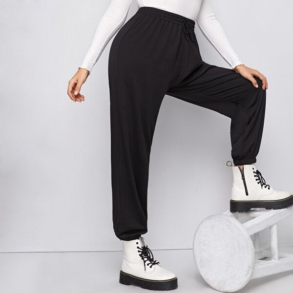Plus Solid Drawstring Waist Sweatpants, Black