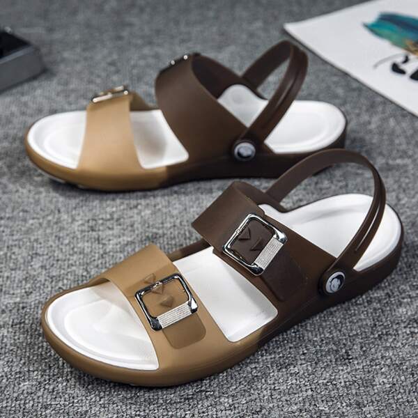 Men Buckle Decor Slingback Sandals, Brown
