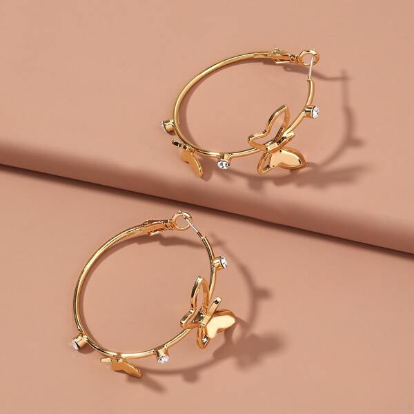 Rhinestone Butterfly Decor Hoop Earrings, Gold
