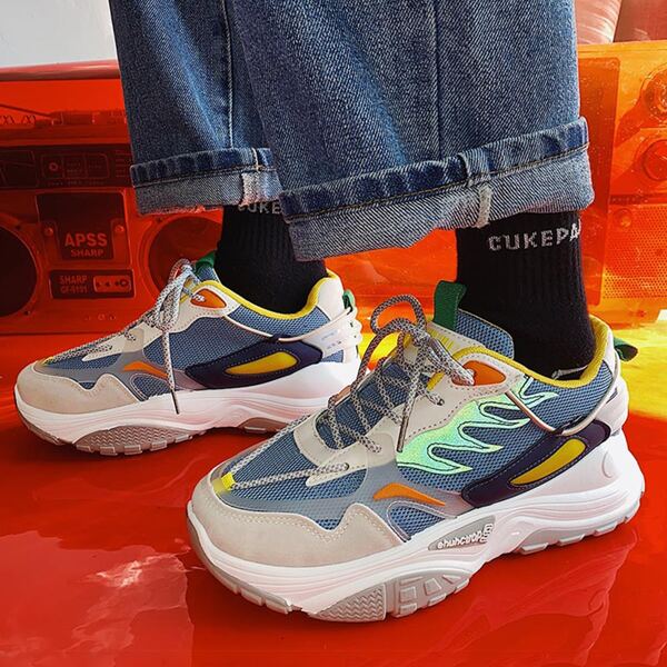 Men Color Block Mesh Chunky Sneakers, Blue