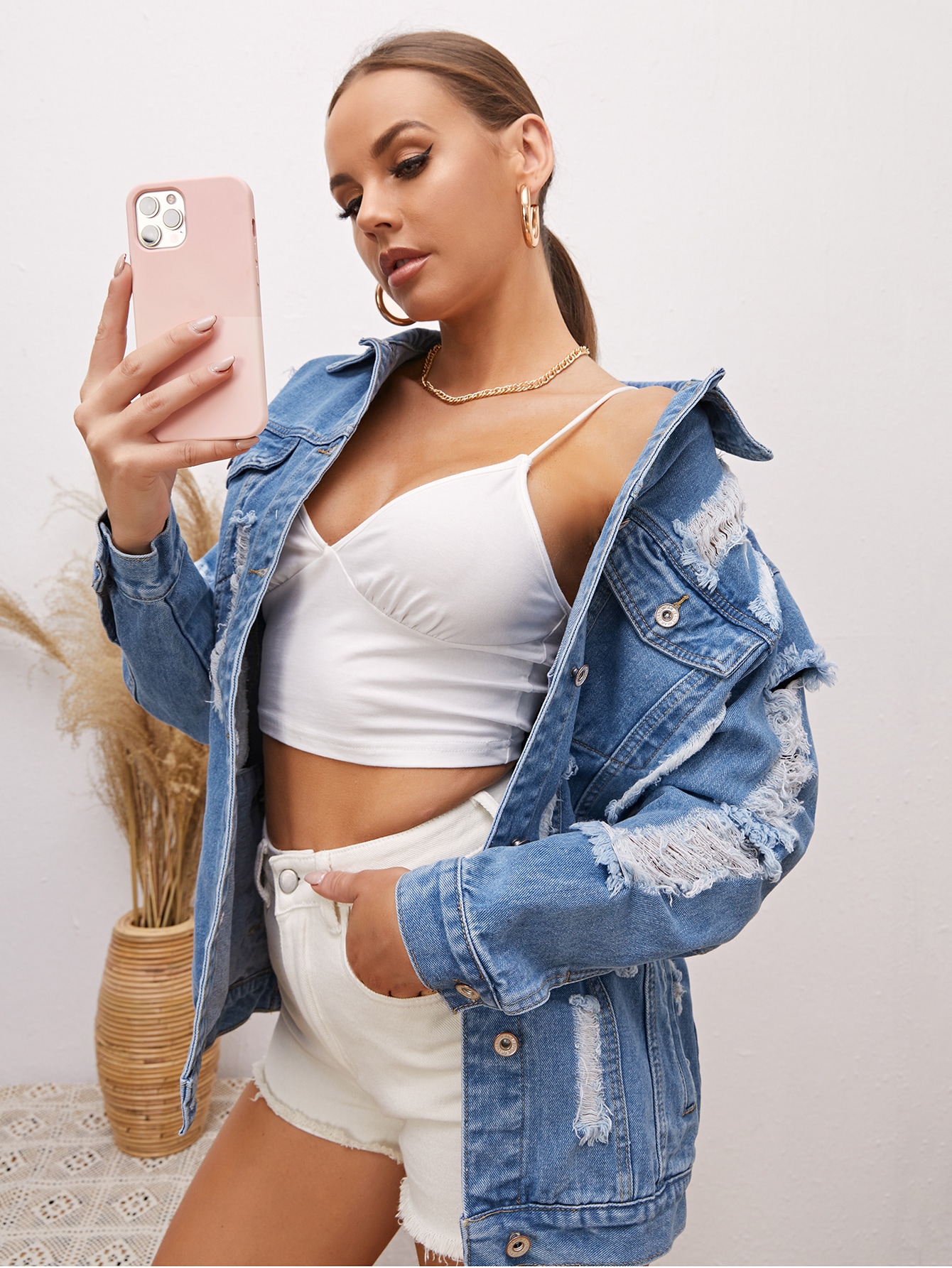 Button Front Flap Pocket Ripped Denim Jacket