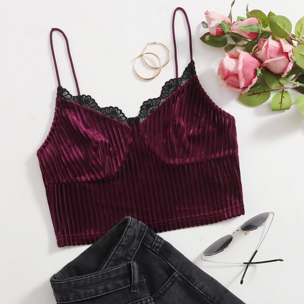 Lace Trim Velvet Crop Cami Top, Maroon
