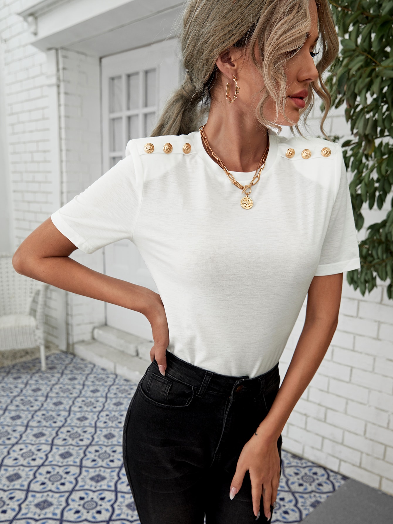 Shoulder Pad Button Detail Top
