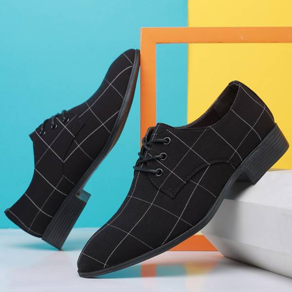 Men Lace-up Front Plaid Dress Shoes, Black