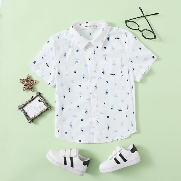 Toddler Boys Patch Pocket Allover Print Shirt, White