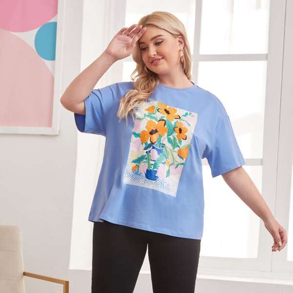 Plus Floral Print Drop Shoulder Tee, Blue