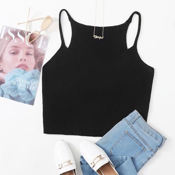 Plus Solid Rib Knit Top, Black
