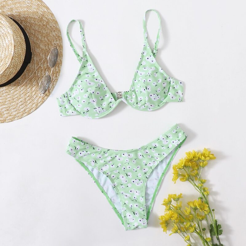 Ditsy Floral High Cut Bikini Swimsuit, Mint green 
Ditsy Floral High Cut Bikini Swimsuit, Mint green