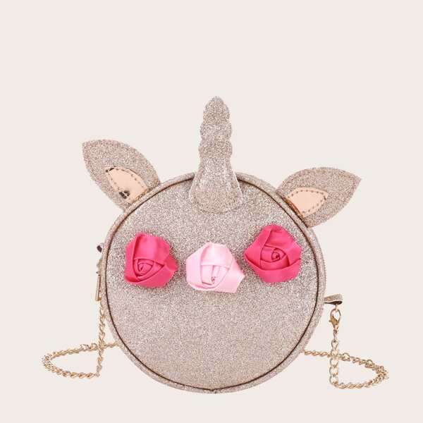 Girls Glitter Decor Unicorn Design Crossbody Bag, Gold