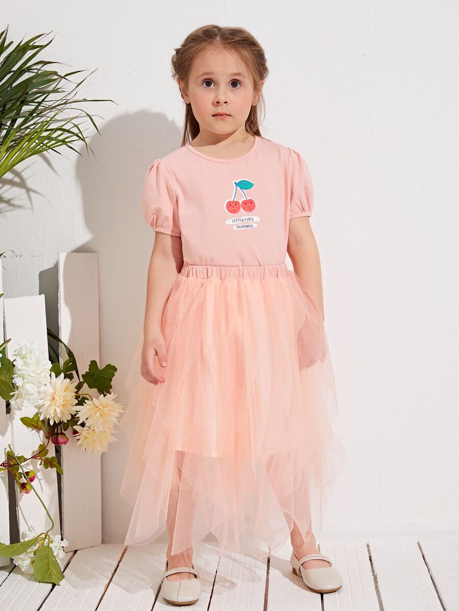 SHEIN Toddler Girls Cherry Print Puff Sleeve Tee & Asymmetrical Overlay Mesh Skirt Set