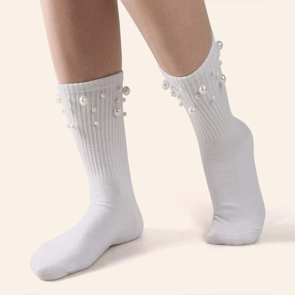 Faux Pearl Decor Crew Socks, White