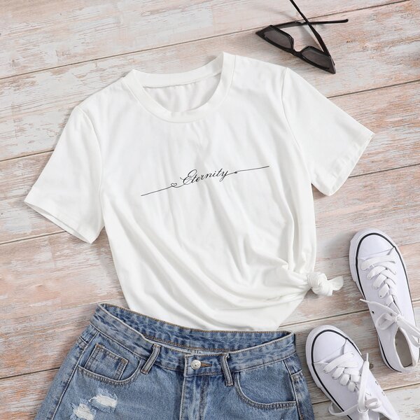 Letter Graphic Round Neck Tee, White