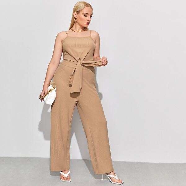 Plus Solid Tie Front Jumpsuit, Khaki