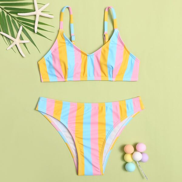 Girls Striped Graphic Bikini Swimsuit, Multicolor