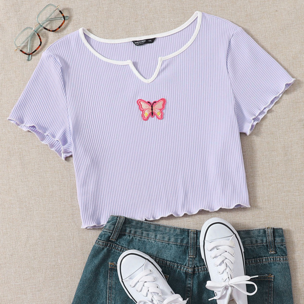 Plus Contrast Notch Neck Butterfly Patched Lettuce Trim Tee, Pastel lilac purple
Plus Contrast Notch Neck Butterfly Patched Lettuce Trim Tee, Pastel lilac purple