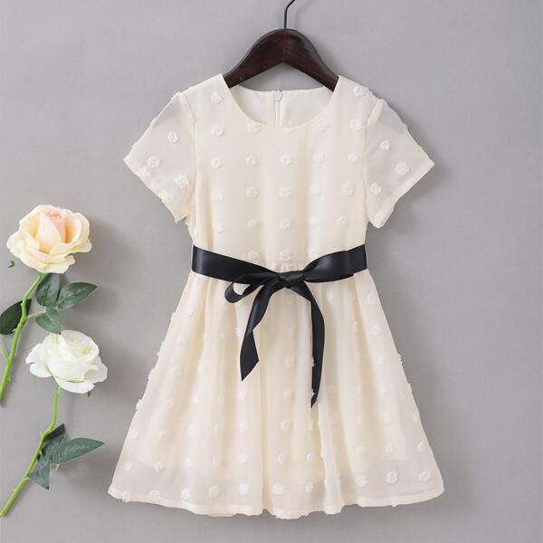 Toddler Girls Swiss Dot Belted A-line Dress, Beige
